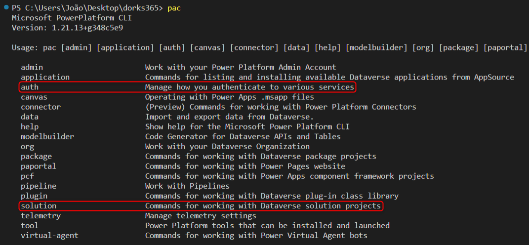 Image4 - Powershell Terminal - Visual Studio Code - Listing all commands available for pac command