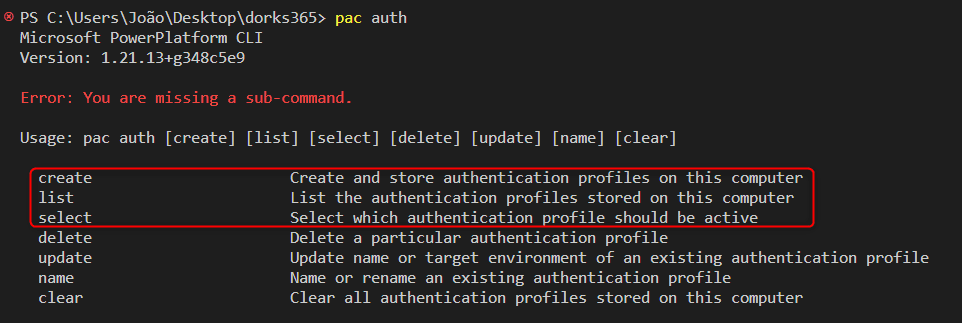 Image5 - Powershell Terminal - Visual Studio Code - Listing all commands available for pac auth command