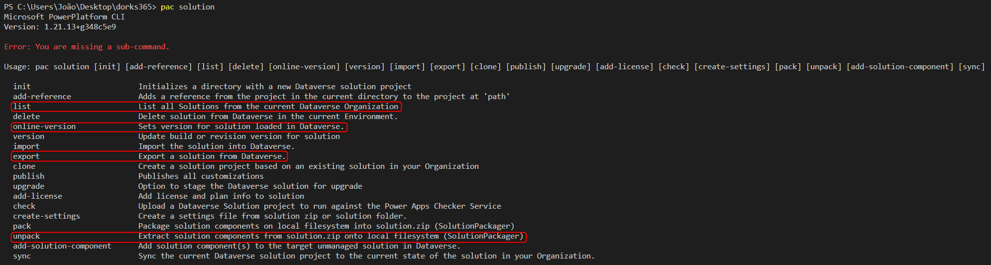 Image6 - Powershell Terminal - Visual Studio Code - Listing all commands available for pac solution command