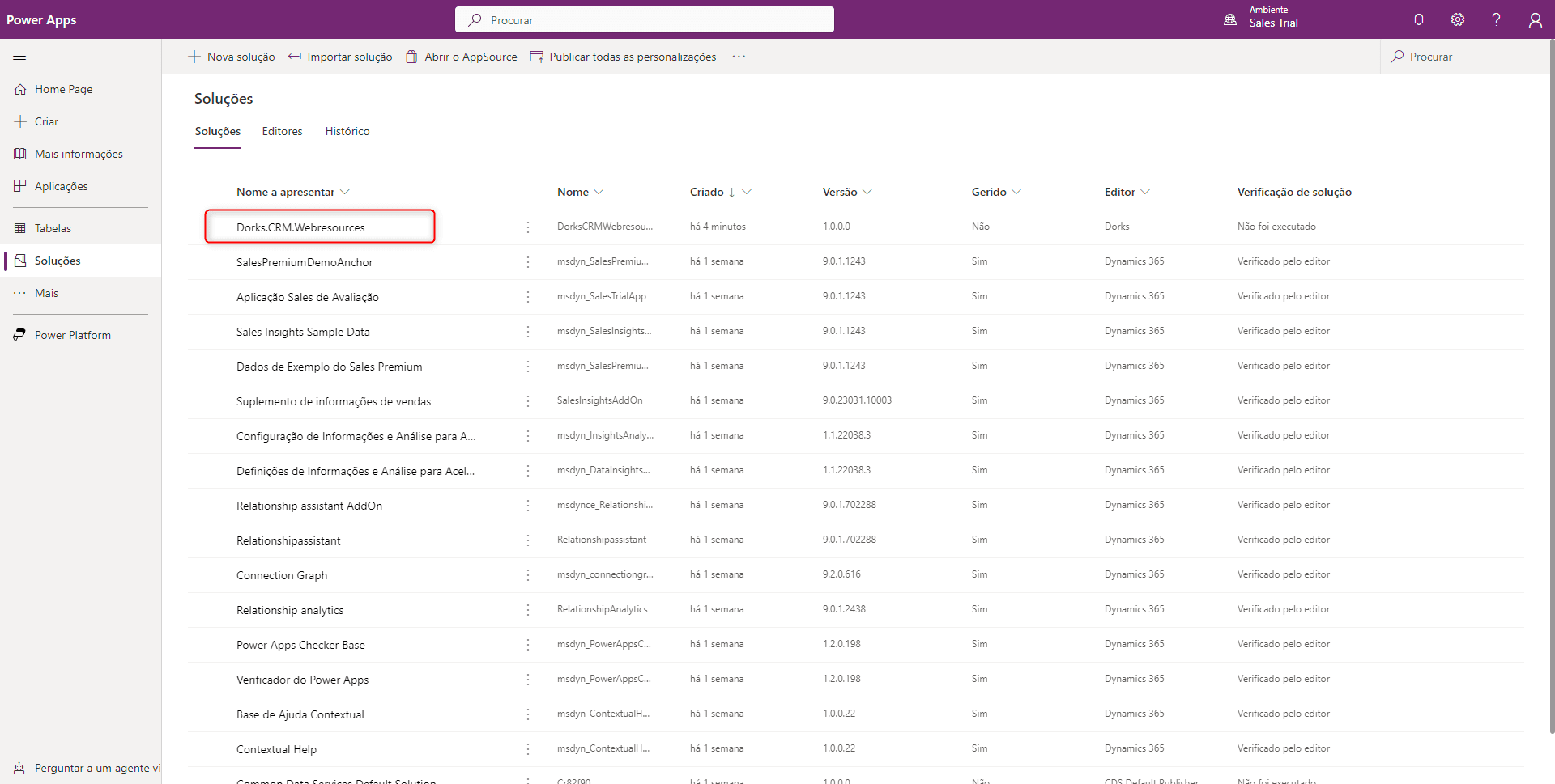 Image7 - Dynamics 365 Trial Environment - Newly created solution Dorks.CRM.Webresources